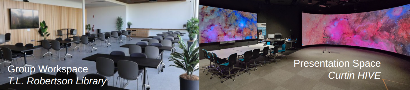 Group workspace at T.L. Robertson Library and presentation space at the Curtin HIVE